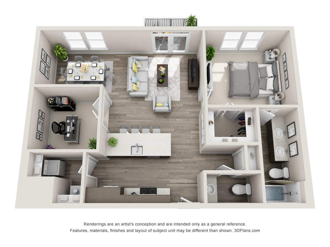 Floor plan for 1 bed, 1.5 baths, 988 sqft